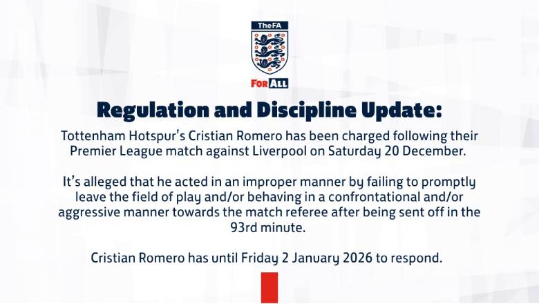 The FA charge Cristian Romero after red card against Liverpool - Ảnh 2